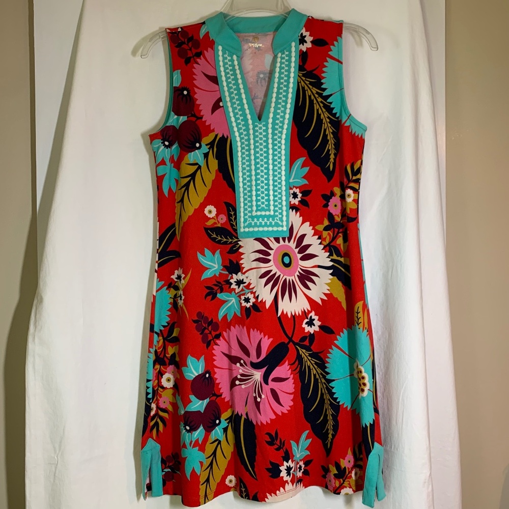 Spartina 449 red floral midi tunic dress with aqua trim